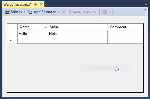 Welcome.es.resx 檔案 (西班牙文的「歡迎使用」資源檔)，其中 [名稱] 資料行的文字為 Hello，而 [值] 資料行的文字為 Hola (Hello 的西班牙文)