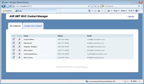 螢幕擷取畫面顯示 ASP 點 NET MVC Contact Manager 設計。