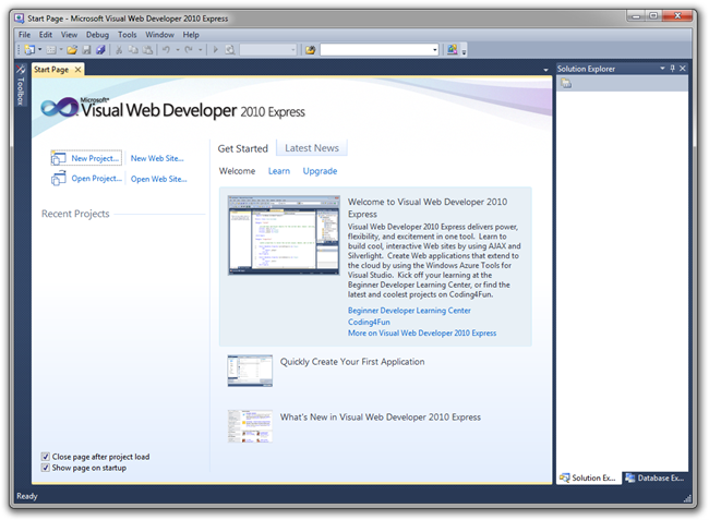 Microsoft Visual Web Developer 2010 Express 視窗的螢幕截圖，其中顯示了起始頁。