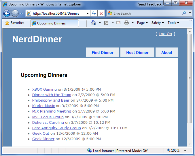 Nerd Dinners Upcoming Dinners 清單頁面的螢幕擷取畫面。