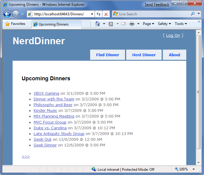 Nerd Dinner 頁面上即將推出的 Dinners 清單的螢幕擷取畫面。