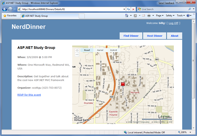 Nerd Dinner Study Group 頁面的螢幕擷取畫面。您可以在底部找到 R S S V P 按鈕。