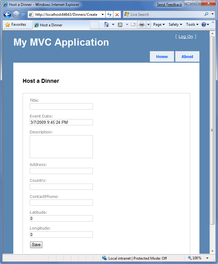 [My M V C 應用程式] 頁面的螢幕擷取畫面。顯示 [Host a Dinner] 表單。