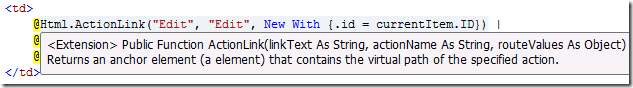 此螢幕快照顯示程式碼編輯器中的 Html.ActionLink。