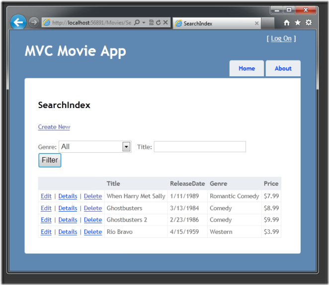 顯示 M V C 電影應用程式中「搜尋索引」頁面的螢幕擷取畫面。此頁面列出四部電影。