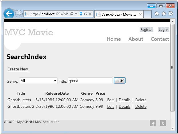 顯示 M V C 電影應用程式搜尋索引頁面的螢幕快照。準刪除會在標題搜尋列中輸入。