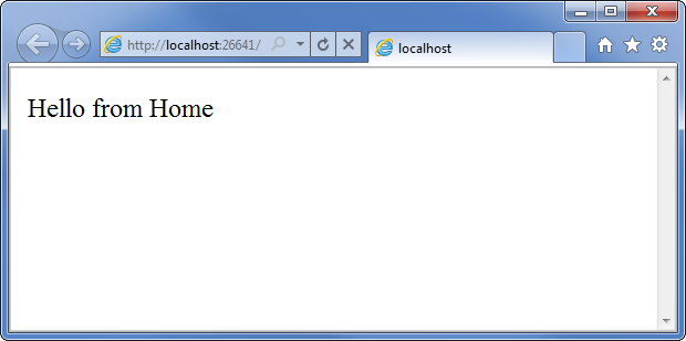 瀏覽器視窗的螢幕擷取畫面，此視窗會在 localhost 中啟動開發伺服器時自動啟動。視窗會在瀏覽器中顯示 'hello from home' 字組。