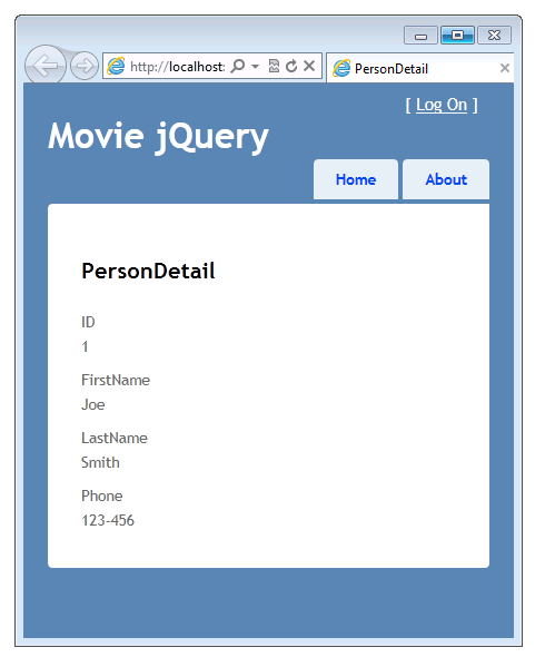 [電影 jQuery] 視窗的螢幕擷取畫面，其中顯示 PersonDetail 檢視和 [識別碼]、[名字]、[姓氏] 和 [電話] 欄位。