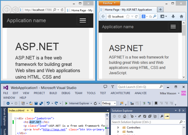 ASP dot Net 專案的螢幕擷取畫面，應用程式在兩個瀏覽器中並行執行，專案在 Visual Studio 中顯示如下。