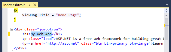 Visual Studio 的螢幕擷取畫面，顯示了 ASP dot Net 專案並突出顯示了 H 1 標題。