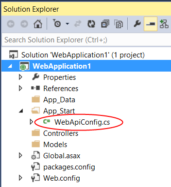 Solution Explorer 對話框的螢幕擷取畫面，以紅色框出位於 App_Start 文件夾中的 Web API Config.cs。