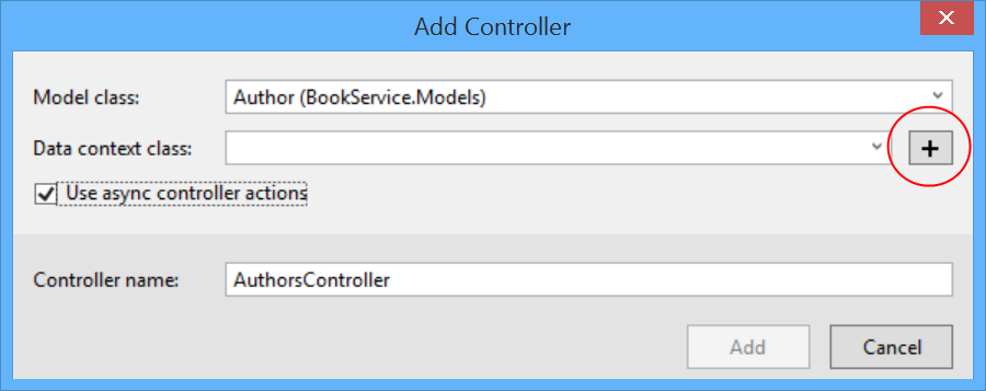 [新增控制器] 對話方塊的螢幕擷取畫面，其中顯示紅色圓圈中的加號按鈕，以及在模型類別下拉式清單中選取的作者類別。