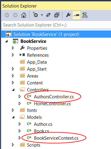 [方案總管] 視窗的螢幕擷取畫面，其中顯示 Authors Controller dot c s 檔案和以紅色圓圈的 Book Service Context dot c 檔案。