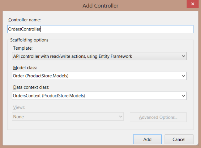 [新增控制器] 對話方塊的螢幕擷取畫面。OrdersController 會寫入文字方塊中。