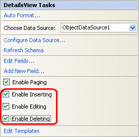 顯示 [DetailsView 工作] 視窗的螢幕快照，其中已選取 [啟用插入]、[啟用編輯] 和 [啟用刪除] 複選框。