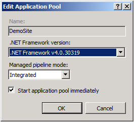 在「.NET Framework 版本」清單中，選擇「.NET Framework v4.0.30319」，然後按一下「確定」。