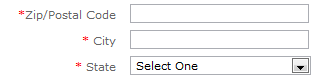 顯示表單上城市、州和郵遞區號欄位的螢幕擷取畫面。