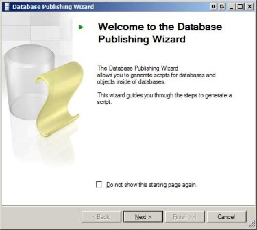 [資料庫發佈精靈] 視窗的螢幕快照，其中顯示啟動顯示畫面和 [下一步] 按鈕以前進精靈。