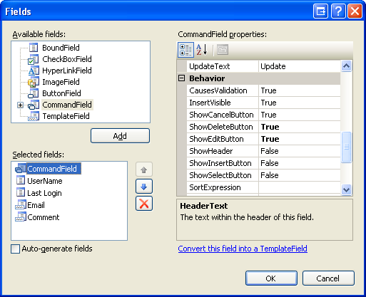 GridView 的欄位可以透過欄位對話框進行設定