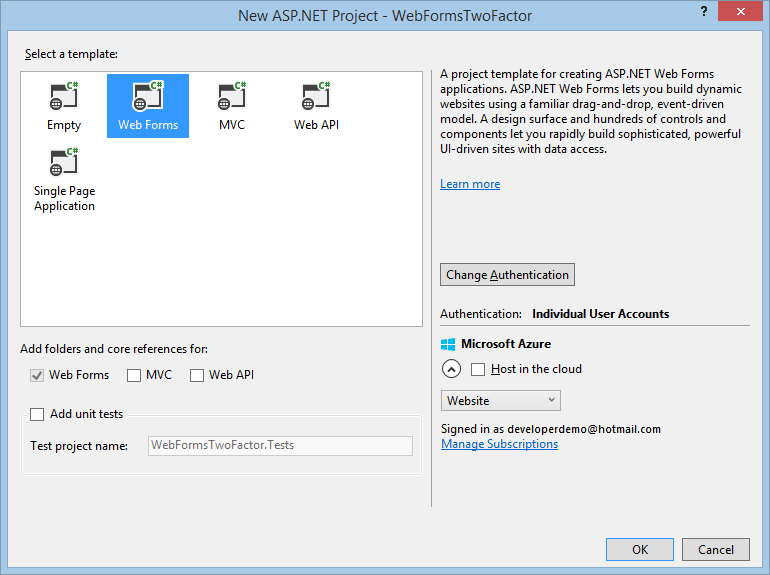 [新增 ASP.NET 專案] 對話框的螢幕快照，其中顯示藍色高亮的 Web Forms 圖示。