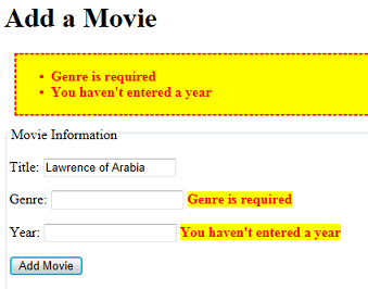 「新增電影」頁面所示為已設定樣式的驗證錯誤