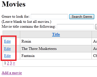 WebGrid 顯示包括每個電影的「編輯」連結