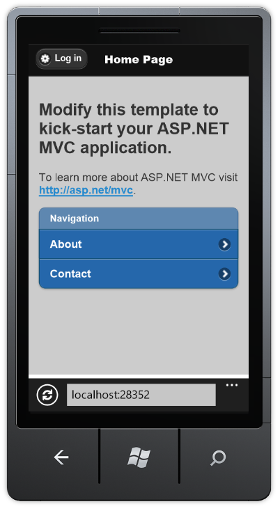 行動應用程式專案範本之行動瀏覽器檢視的螢幕擷取畫面。