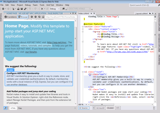 顯示 Visual Studio 程式碼，右窗格具有原始程式碼，而左窗格會轉譯網頁的螢幕擷取畫面。