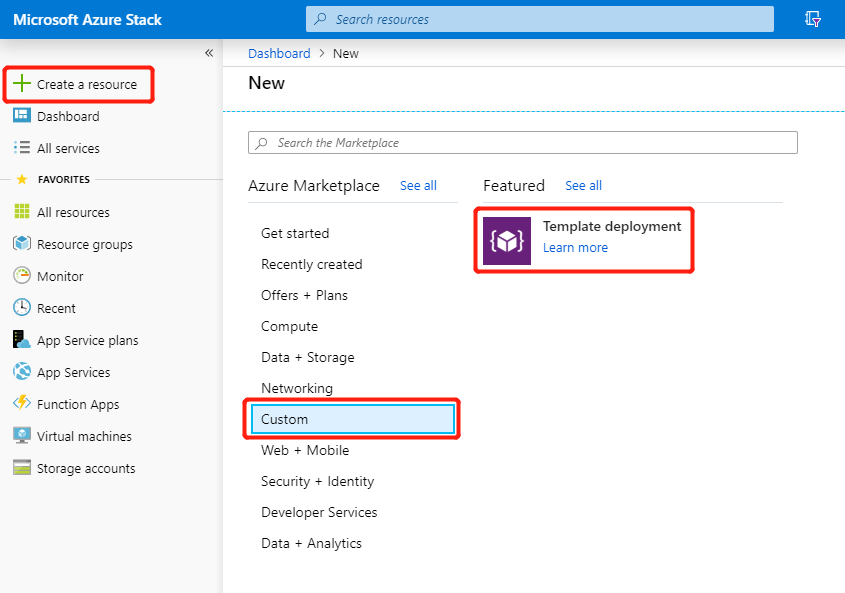 Azure Stack Hub 系統管理員入口網站中的自定義範本部署