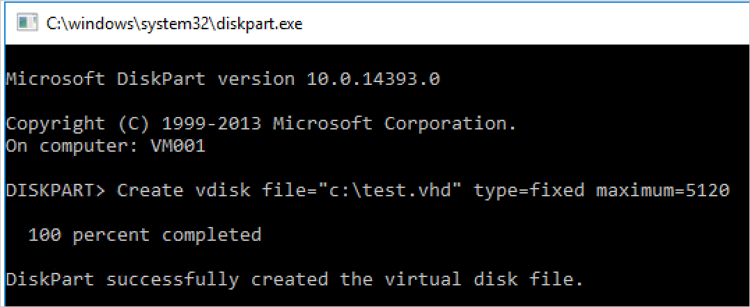 CMD 視窗會顯示指定的命令已發出至 DiskPart，該命令已順利完成，並建立虛擬磁碟檔案。