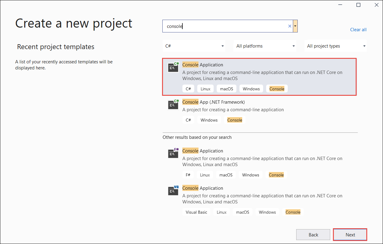 螢幕擷取畫面：Visual Studio 的建立新專案頁面。