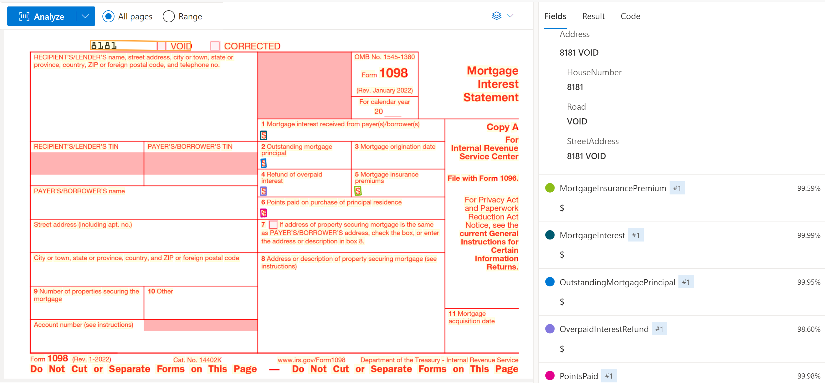 Document Intelligence Studio 中分析的美國 1098 稅務表單螢幕擷取畫面。