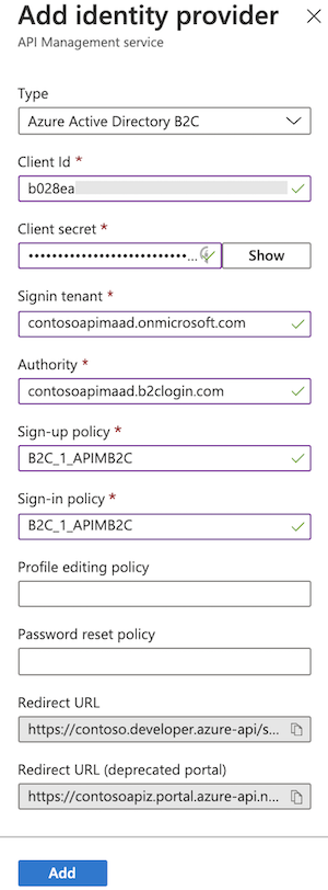 入口網站中 Active Directory B2C 識別提供者設定的螢幕快照。