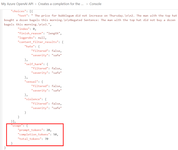 入口網站的 API 回應中權杖使用量資料的螢幕擷取畫面。