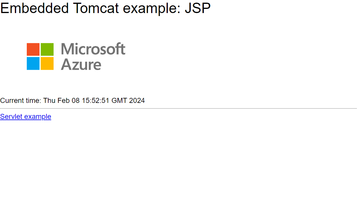 簡介中的螢幕擷取畫面顯示在 Azure App Service 中執行的內嵌 Tomcat Hello World Web 應用程式。