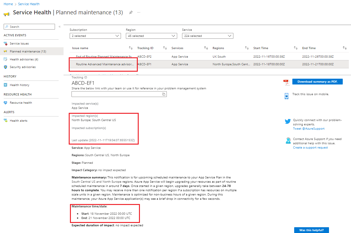 Azure 入口網站 中維護事件的螢幕快照。