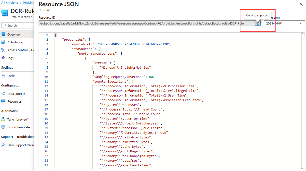 [資源 JSON] 視窗的螢幕擷取畫面，其中顯示資料收集規則的 JSON 程式碼，並醒目提示 [資源識別碼複製] 按鈕。