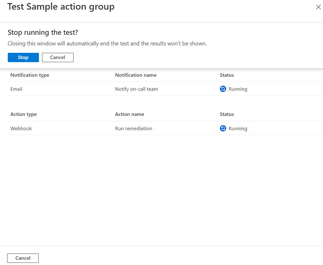 顯示 [測試範例動作群組] 頁面的螢幕擷取畫面。對話方塊包含一個 [停止] 按鈕，並詢問使用者是否要停止測試。
