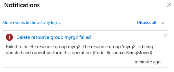 Azure 入口網站的螢幕擷取畫面，其中顯示嘗試刪除涉及進行中移動作業之資源群組時的錯誤訊息。
