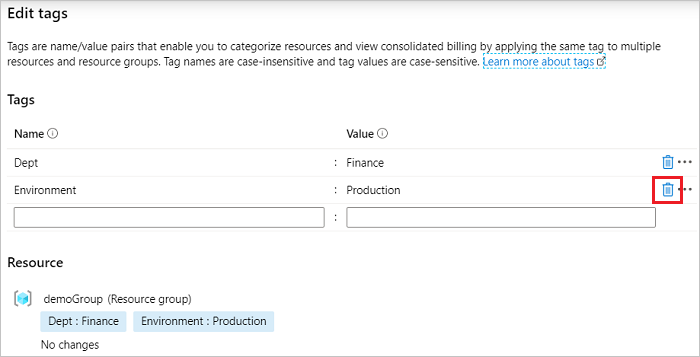 Azure 入口網站 的螢幕快照，其中已醒目提示 [刪除卷標] 圖示。