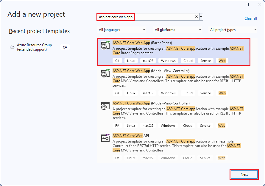 [新增專案] 視窗的螢幕擷取畫面，其中已選取 [ASP.NET Core Web 應用程式]。