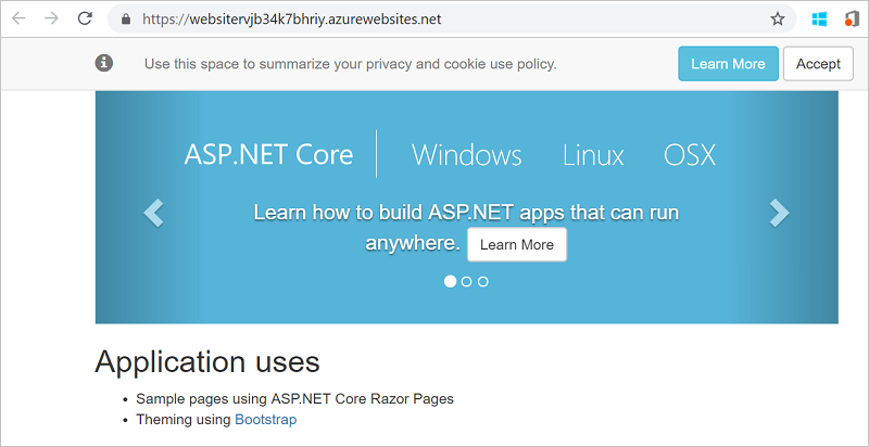 網頁瀏覽器中已部署預設 ASP.NET 應用程式的螢幕擷取畫面。