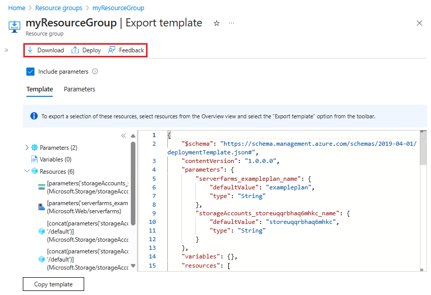 Azure 入口網站 中顯示匯出範本的螢幕快照。