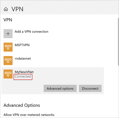 Windows VPN 連線畫面的螢幕擷取畫面，其中醒目提示您已建立連線時的 [已連線] 訊息。