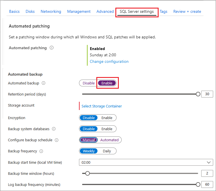 Azure 入口網站中自動備份設定的螢幕擷取畫面。