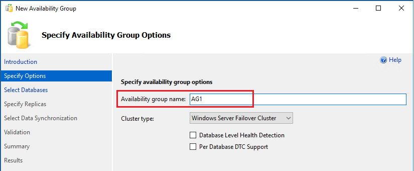新增可用性群組精靈：指定可用性群組名稱