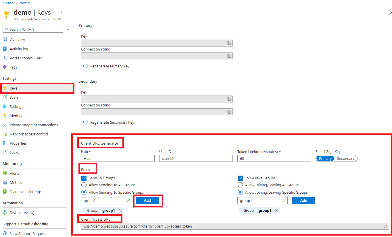 顯示如何在 Azure 入口網站 上取得用戶端存取 URL 的螢幕快照