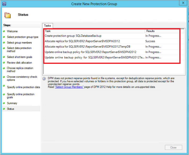 Screenshot shows the progress of the protection group creation.