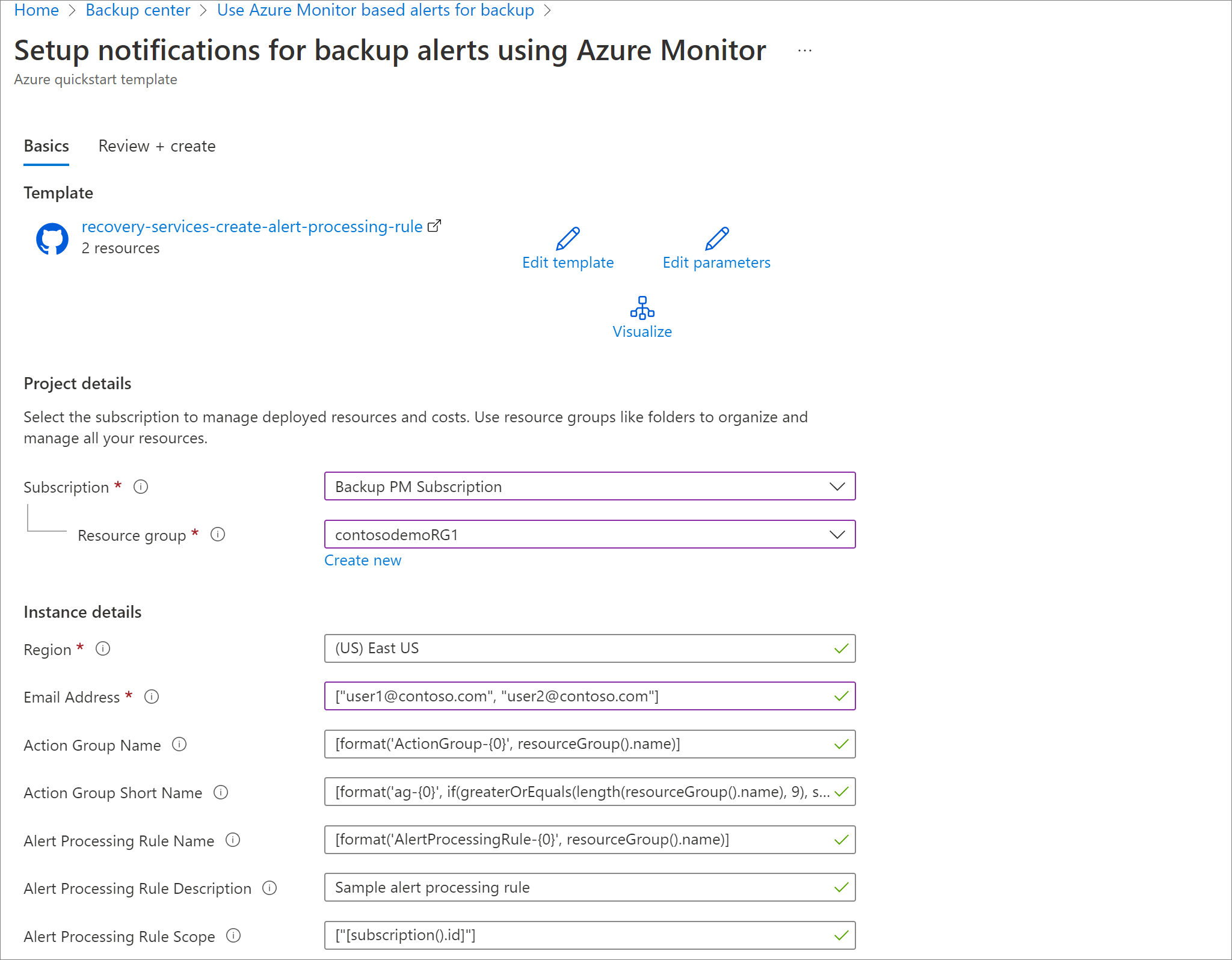 顯示範本參數以設定 Azure 監視器警示通知規則的螢幕快照。