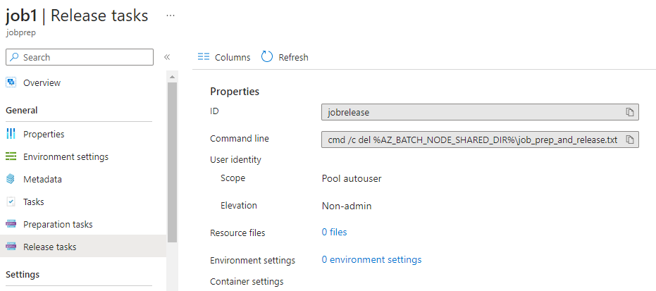 Screenshot showing job release task properties in the Azure portal.